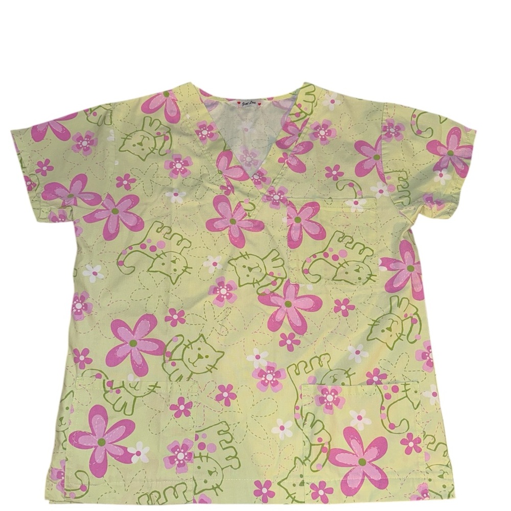 Floral Cat Print Scrub Top